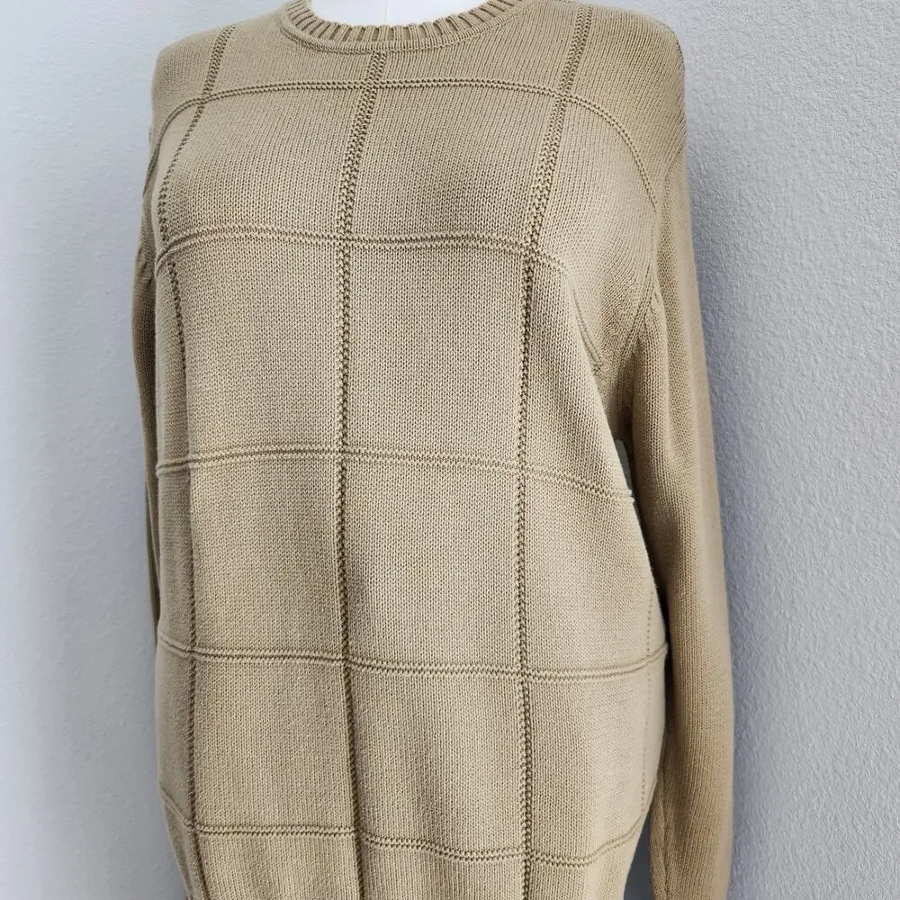 Vintage Geoffrey Beene Tan Grid Knit Crewneck Sweater Grandpacore Long Sleeve M - Picture 7 of 13